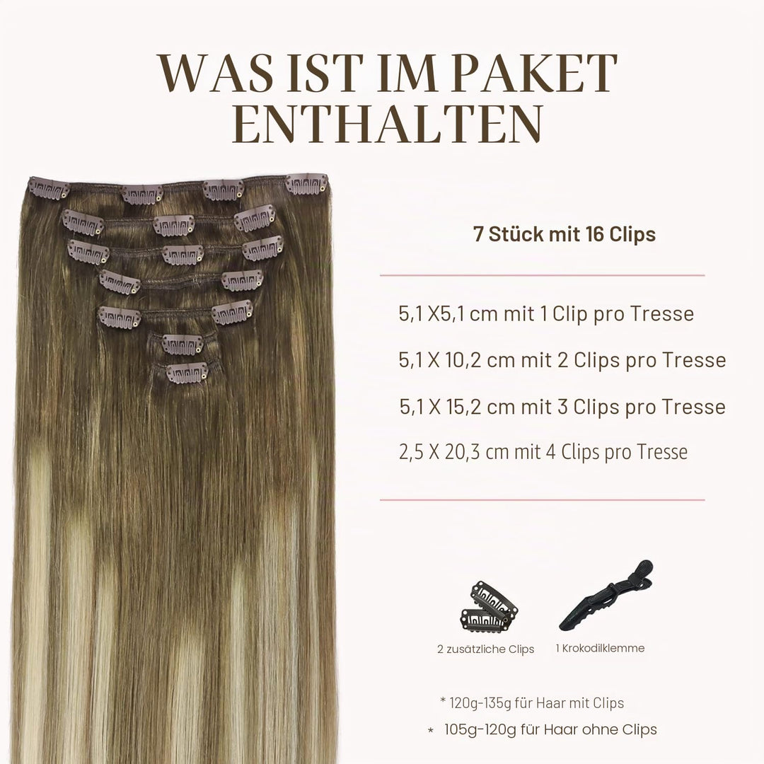 GOO GOO Clip in Extensions Echthaar, Echthaar Extensions Clip, 40cm 120g 7pcs, Clip In Haarverlänger
