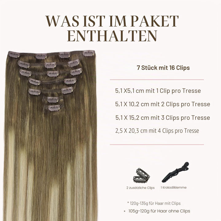 GOO GOO Clip in Extensions Echthaar, Echthaar Extensions Clip, 40cm 120g 7pcs, Clip In Haarverlänger