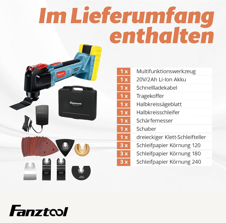 FANZTOOL 20V Akku Multifunktionswerkzeug mit EC-Motor, 3.2° Oszillationswinkel, LED-Beleuchtung, 6 G