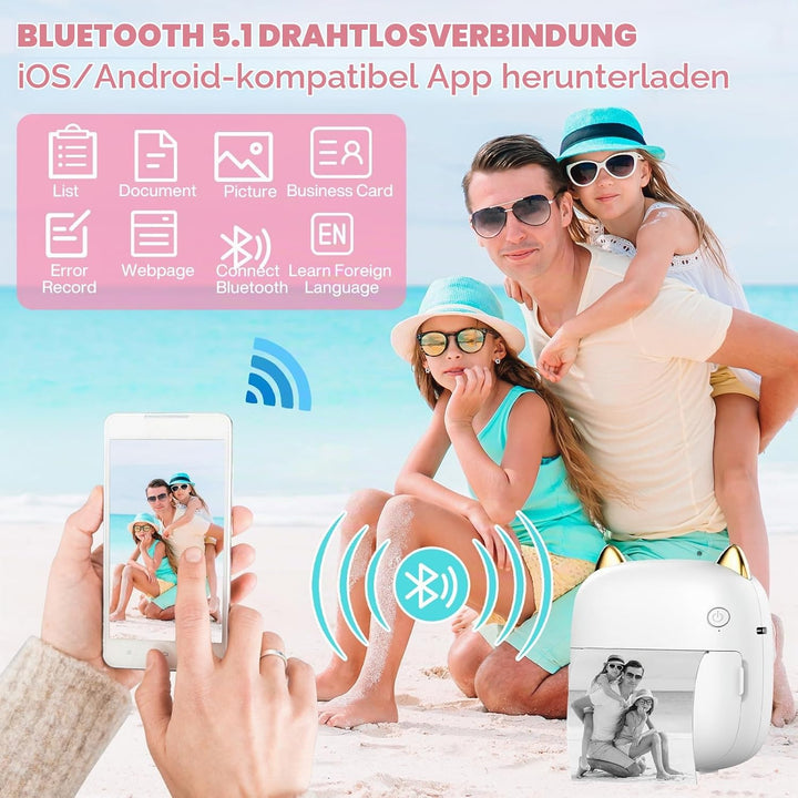 Mobiler Fotodrucker für Android &amp; iOS - Mini Bluetooth Drucker, Wireless mit 14 Rollen Papier für Jo