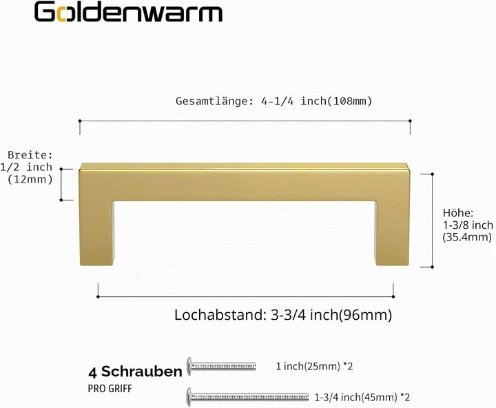 goldenwarm 5 Stück Schrankgriffe Gold Möbelgriffe 96mm Lochabstand Goldene Griffe Küchenschrank Grif
