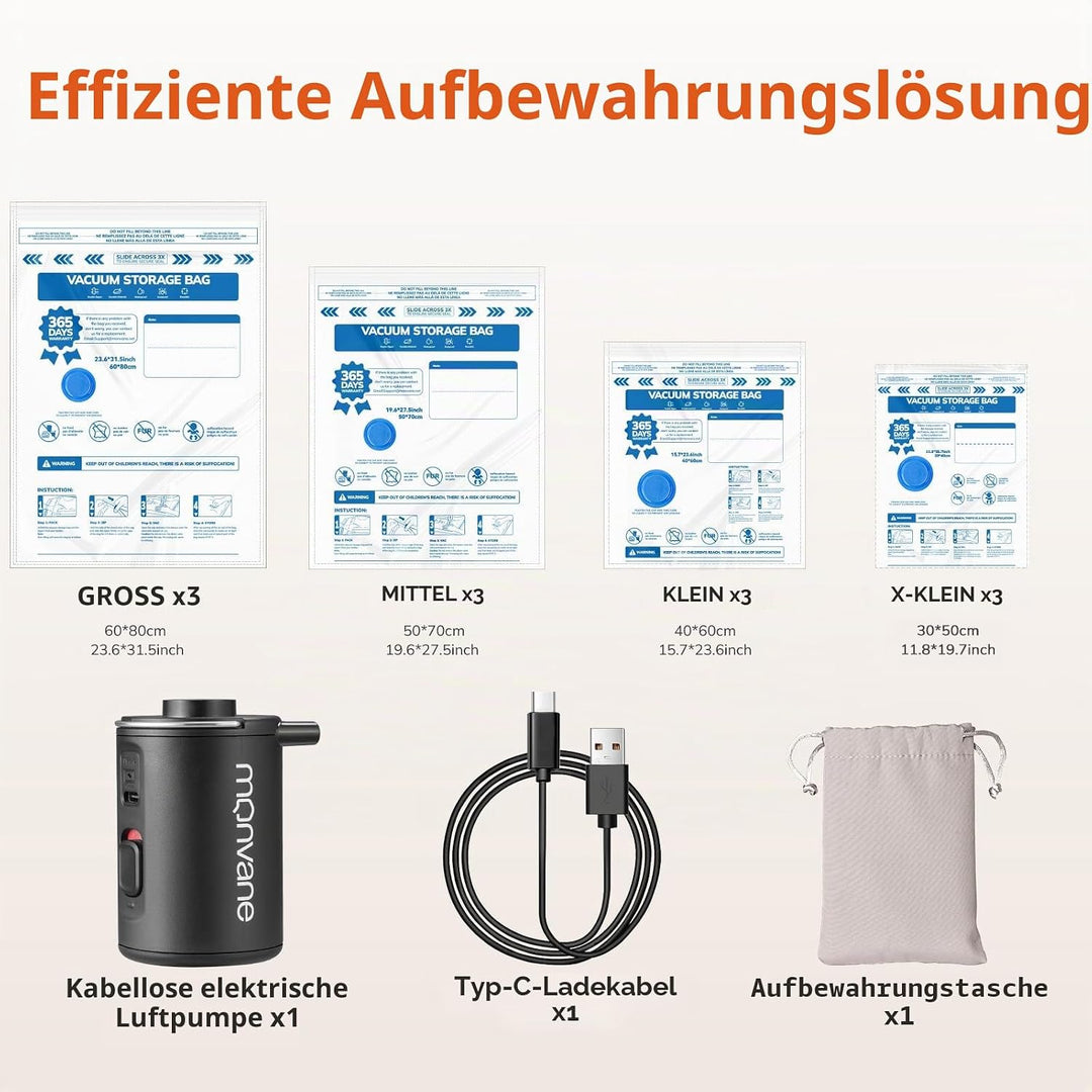 MONVANE Vakuumbeutel für Kleidung mit elektrischer Pumpe, 12 Stück（3 * 60 * 80cm + 3 * 50 * 70cm + 3