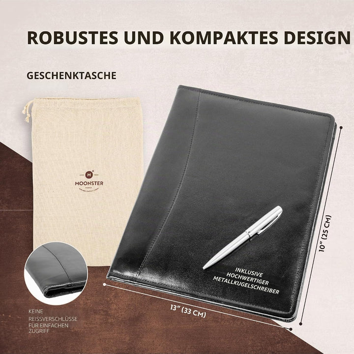 Moonster Professional Portfolio aus Leder Dokumentenmappe A4 - Schreibmappe A4 Format mit Luxus Stif