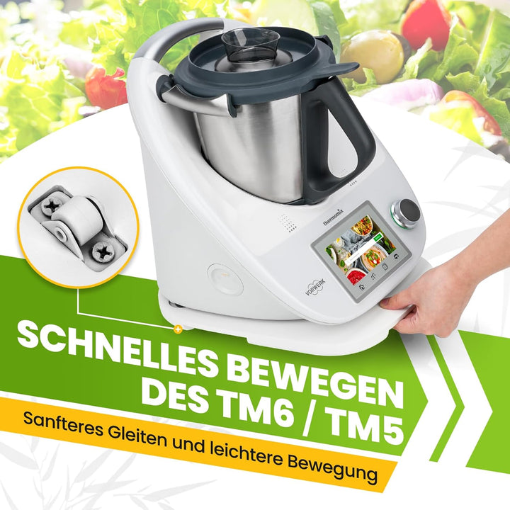 Bambus Gleitbrett für Thermomix TM6 TM5 | Natürliches Bambusmaterial | Mit Rollen für müheloses Vers