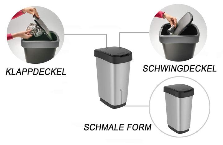 Mülleimer 50l mit Deckel Silber, Silber