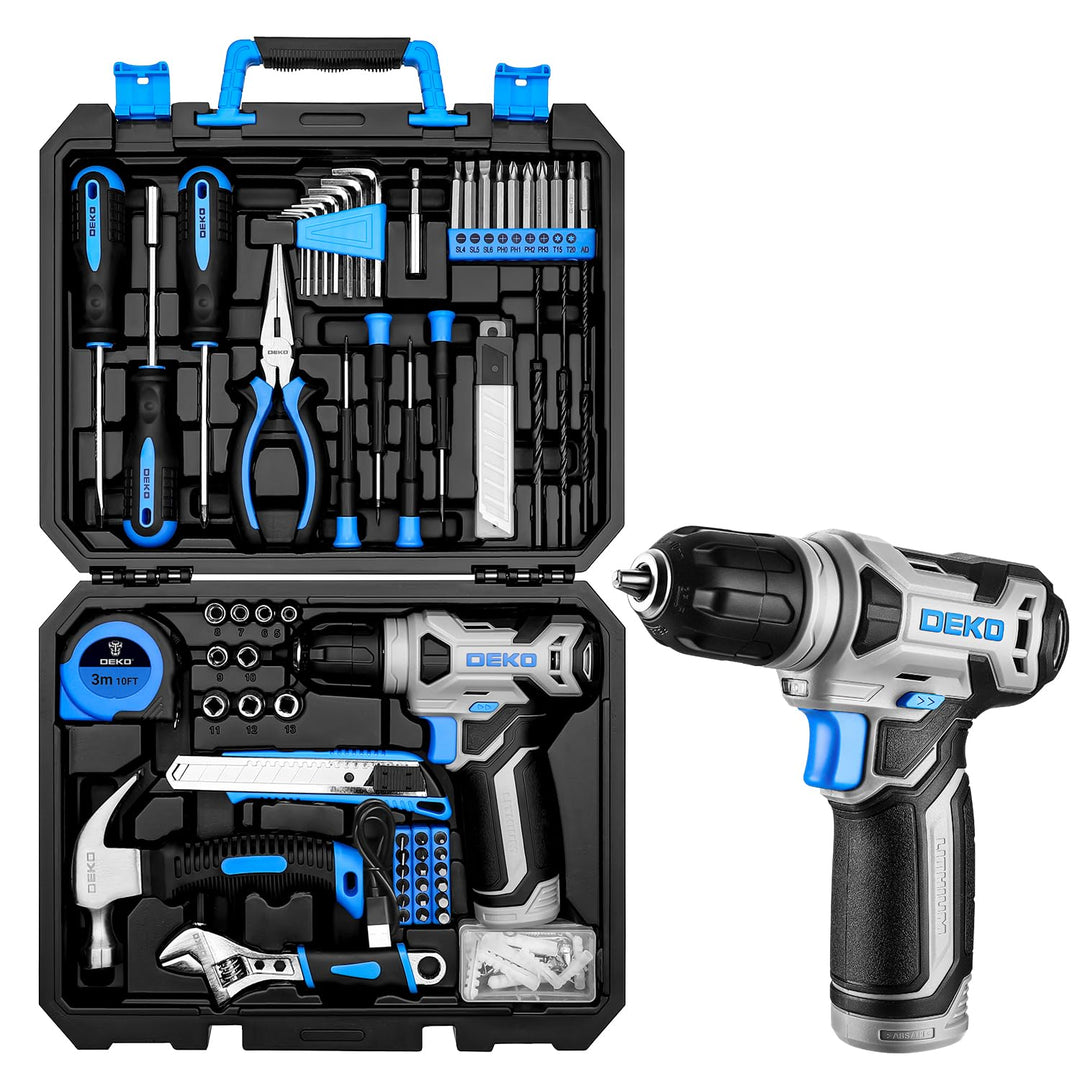 DEKO 126 Stück Elektrowerkzeug Combo Kits mit 8V Akku Bohrer, 10MM 3/8'' Keyless Chuck, Professionel