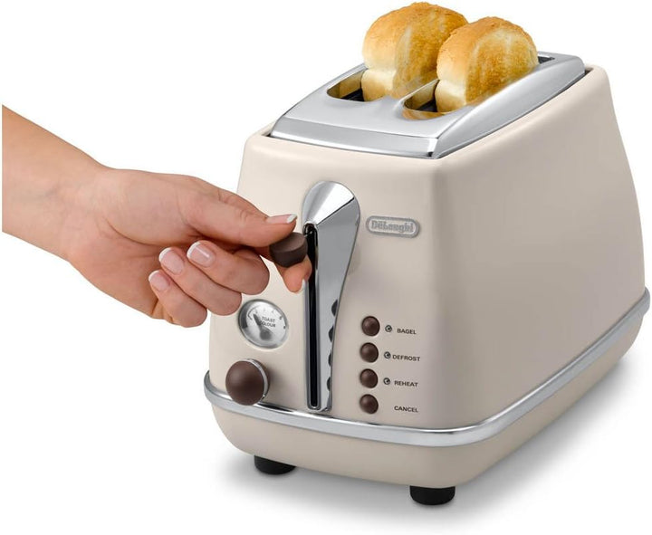 De'Longhi Toaster Icona Vintage CTOV2103.BG - 2-Schlitz-Toaster mit Brötchenaufsatz, Edelstahl in el