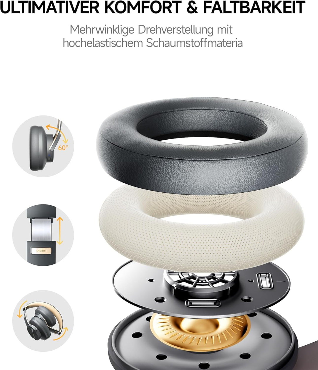 Picun B8 Bluetooth-Kopfhörer, 120H Spielzeit, kabellos, Bluetooth mit 3 EQ-Modi, niedrige Latenz, Fr