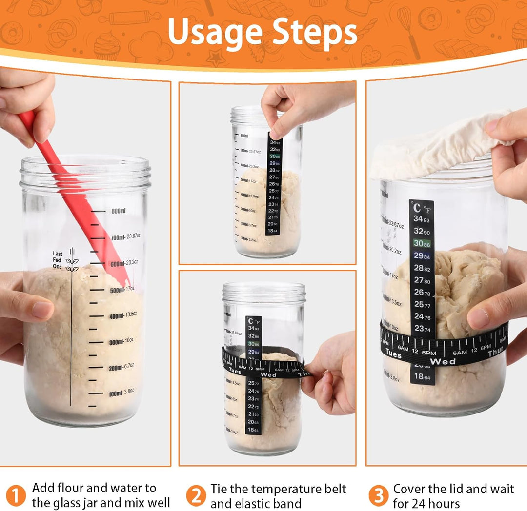 1000ml Sauerteig Starter Set mit Skala, Fermentierglas mit Deckel, Sauerteig Glas Mit Messband und R