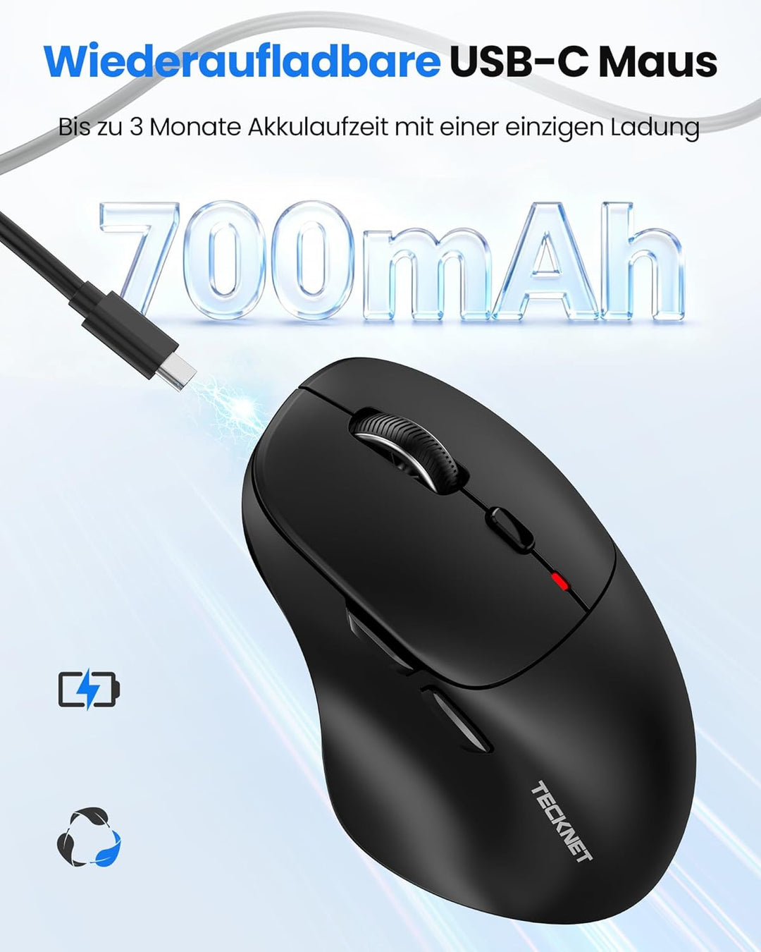TECKNET Bluetooth Maus Wiederaufladbar, Maus Kabellos (Tri-Modi: BT5.0/3.0 + 2.4G) mit Ergonomische