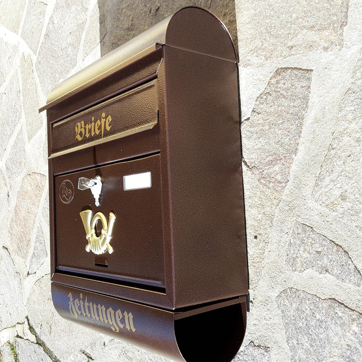 Eigenmarke Grosser Briefkasten/Postkasten XXL Kupfer/Bronce mit Zeitungsrolle Runddach Wandmontage
