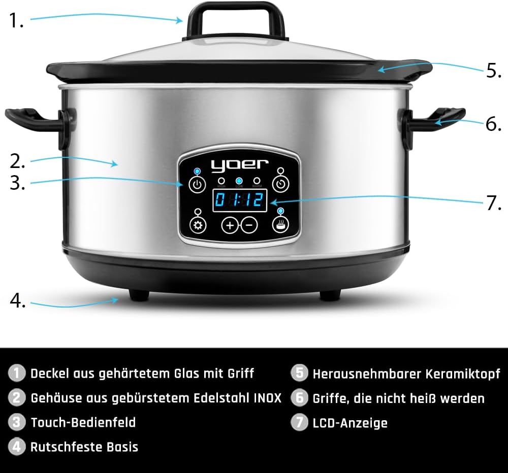 Yoer Clever-Cook SC4502S, Slow Cooker, 280W, 4,5L, Multifunktional, ECO, 16-Stunden-Timer, LCD-Displ