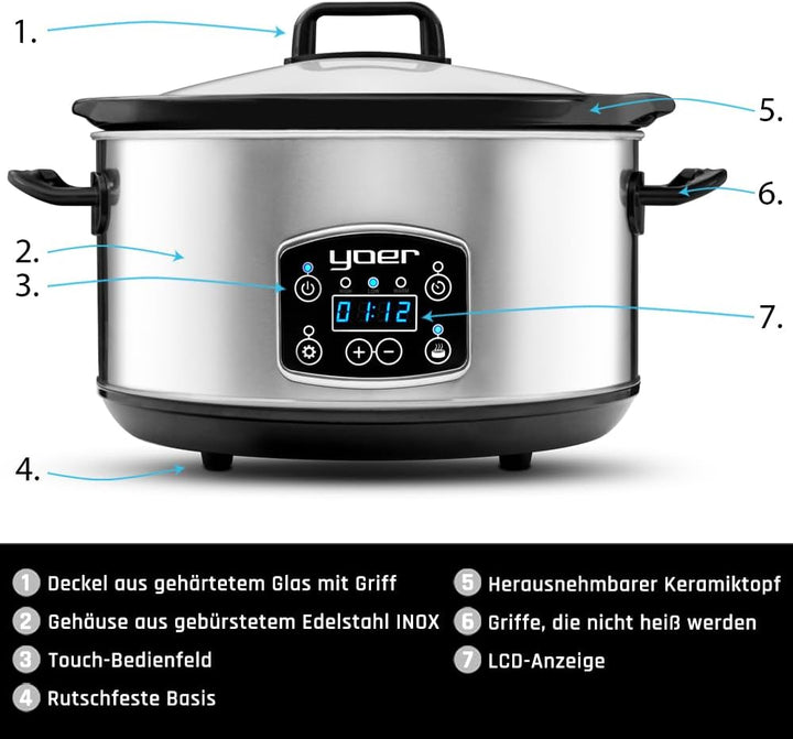 Yoer Clever-Cook SC4502S, Slow Cooker, 280W, 4,5L, Multifunktional, ECO, 16-Stunden-Timer, LCD-Displ