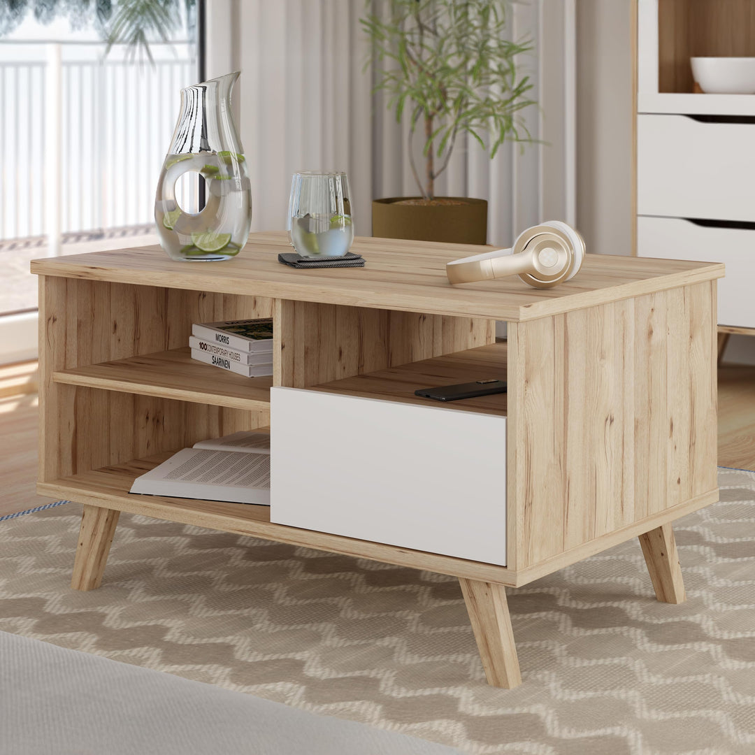 Forte VANKKA Couchtisch 90, Tisch mit offenen Fächern und Schublade, Holzwerkstoff, Planked Eiche De