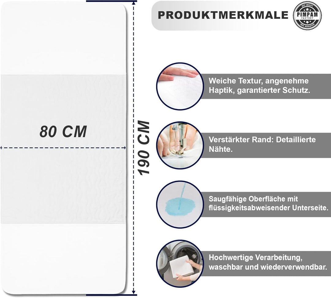 PimPam Factory Inkontinenz-Bettschutz – Matratzenschoner – Waschbarer Inkontinenzschutz – 80 x 190 c