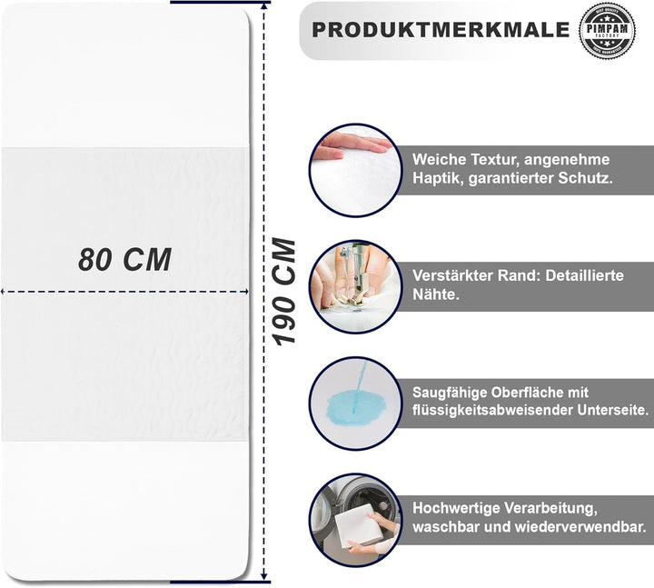 PimPam Factory Inkontinenz-Bettschutz – Matratzenschoner – Waschbarer Inkontinenzschutz – 80 x 190 c