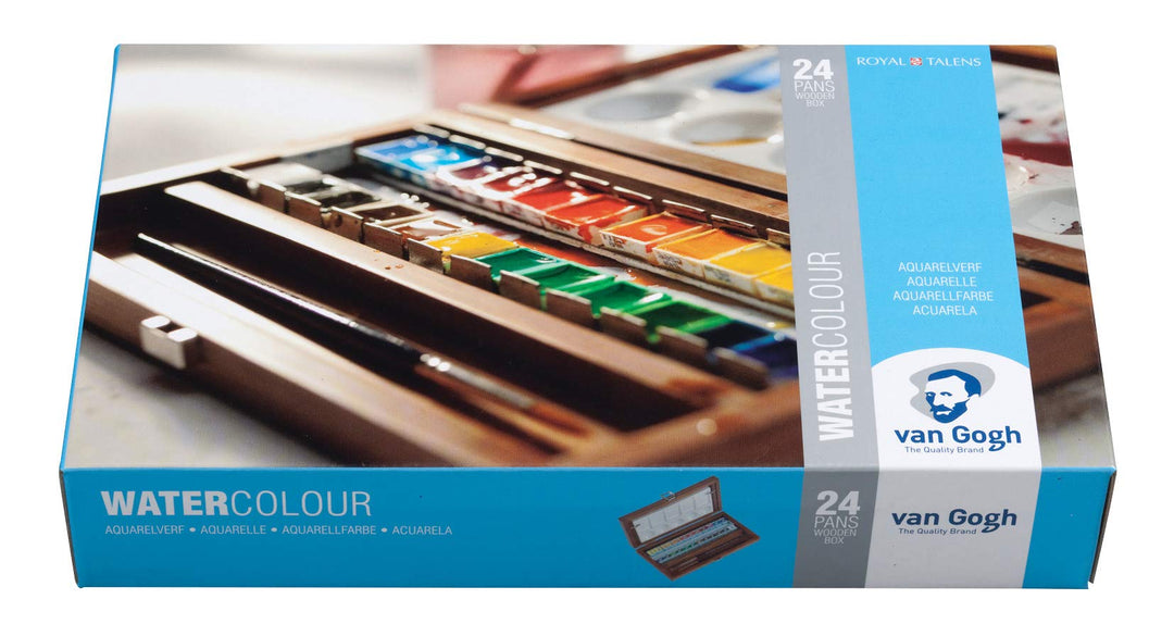 24 Näpfchen Feine Van Gogh Künstler Aquarellfarben im Holz-Aquarellkasten incl. Pinsel und Mischpale