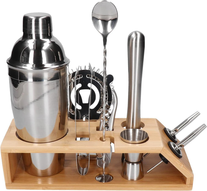 Whiskey Rocks 10-er Edelstahl Cocktail Set mit Bambusständer - Barkeeper Set mit Metall Shaker, Jigg