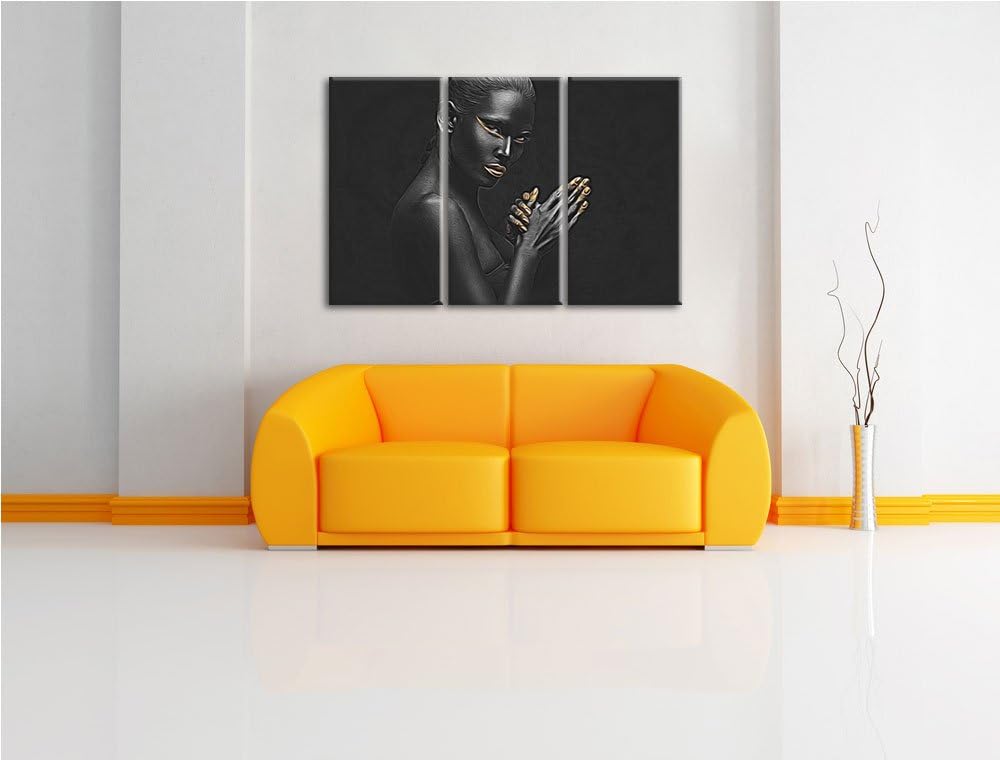 Dark Frau mit goldenen Fingerspitzen und Lippen Spezial 3-Teiler Leinwandbild 120x80 Bild auf Leinwa