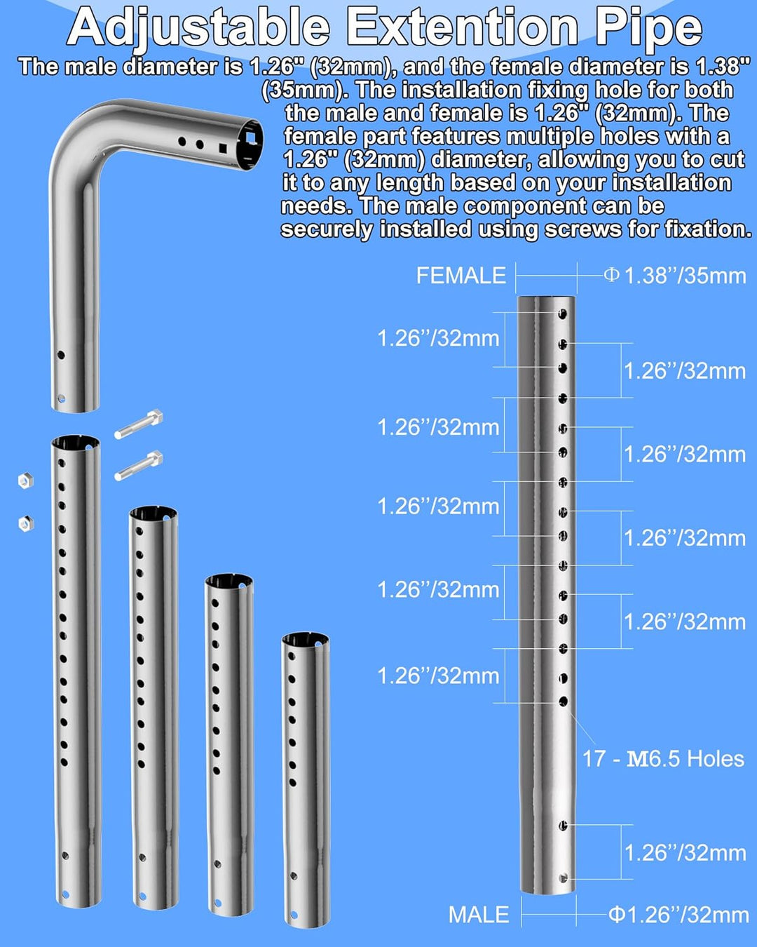 Langer Wand-Antennenhalter - Langer Dachrinnenstab mit 90° Winkel, Verlängerungsrohr, Verbindungsada