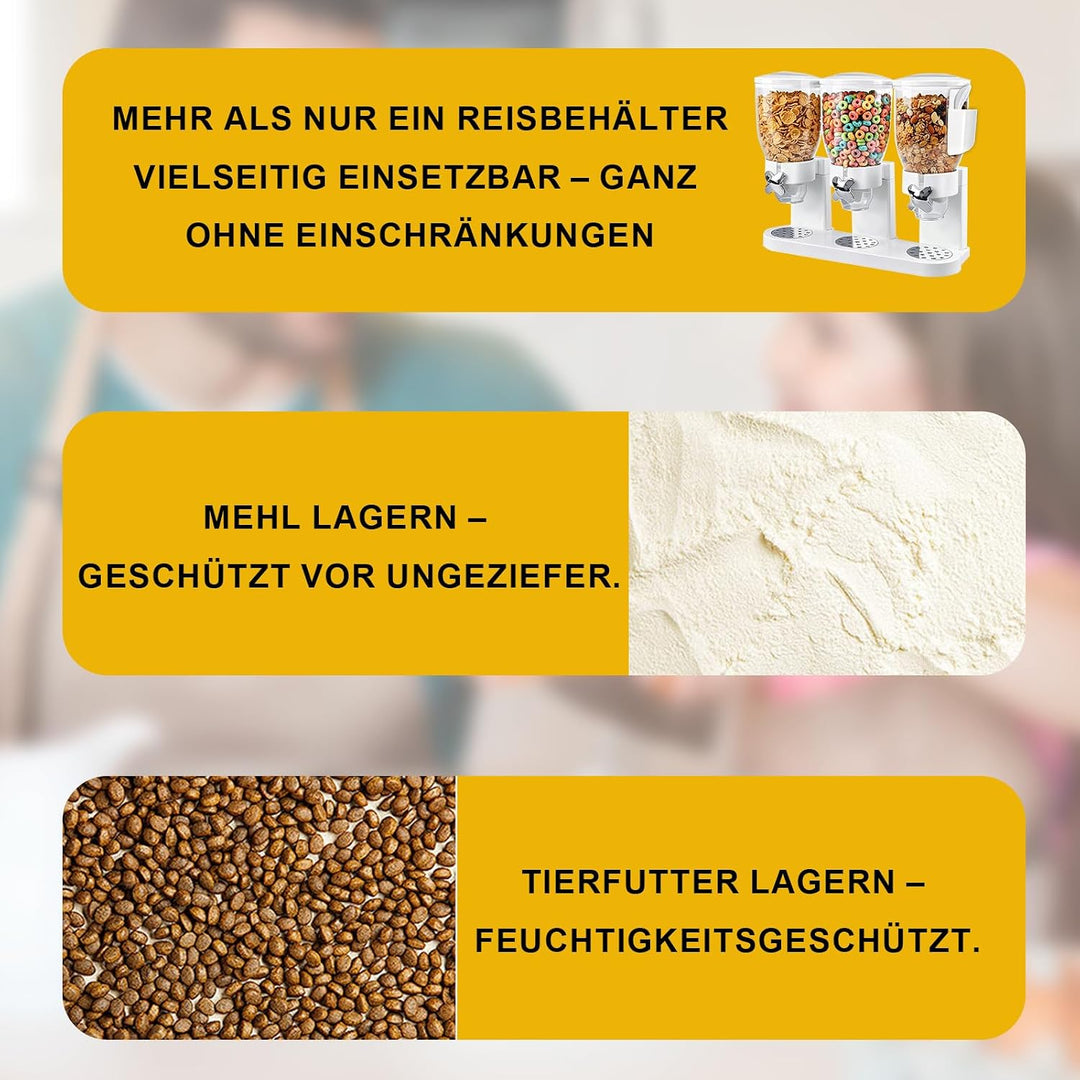 Müslispender 3er Set – 6 Liter Getreidebehälter mit 2 Aufbewahrungsboxen, 8 Etiketten & 2 Löffel, Ro