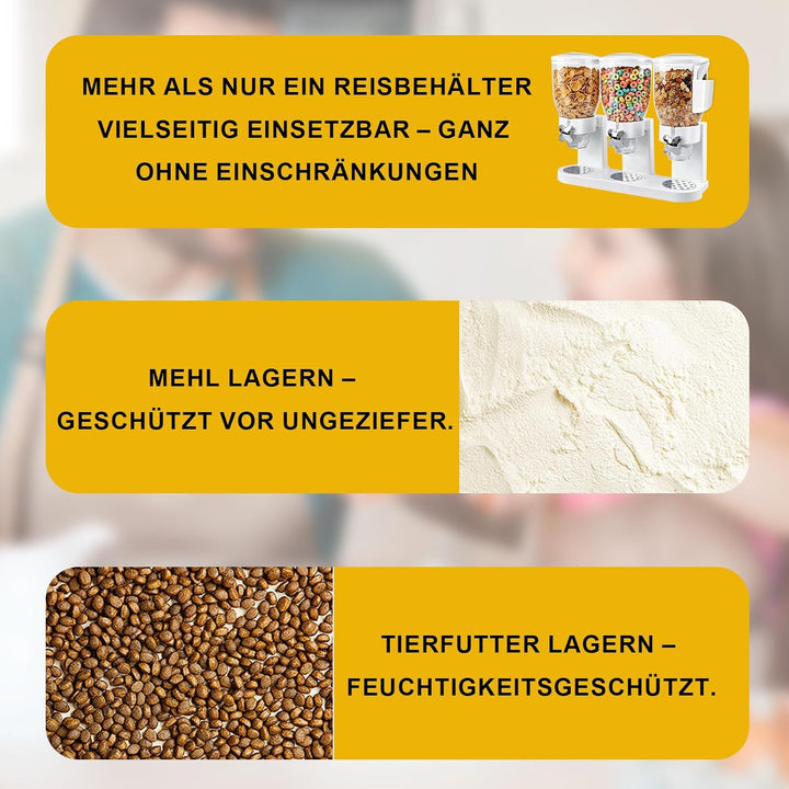 Müslispender 3er Set – 6 Liter Getreidebehälter mit 2 Aufbewahrungsboxen, 8 Etiketten & 2 Löffel, Ro
