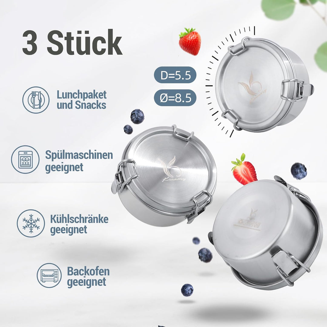 Kieaisy Edelstahl Dose (3 Stück), Lebensmittelbehälter Kinder, 200ml Klein Dosen, Snackbox, Aufbewah