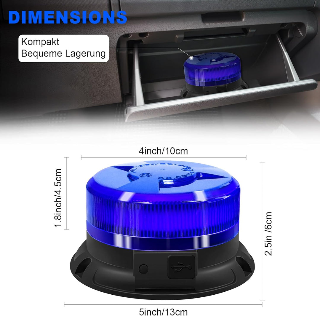 AnTom blaulicht akku rundumleuchte led 9 Blitzmuster 12V 24V Warnleuchte led magnet mit Autoladekabe