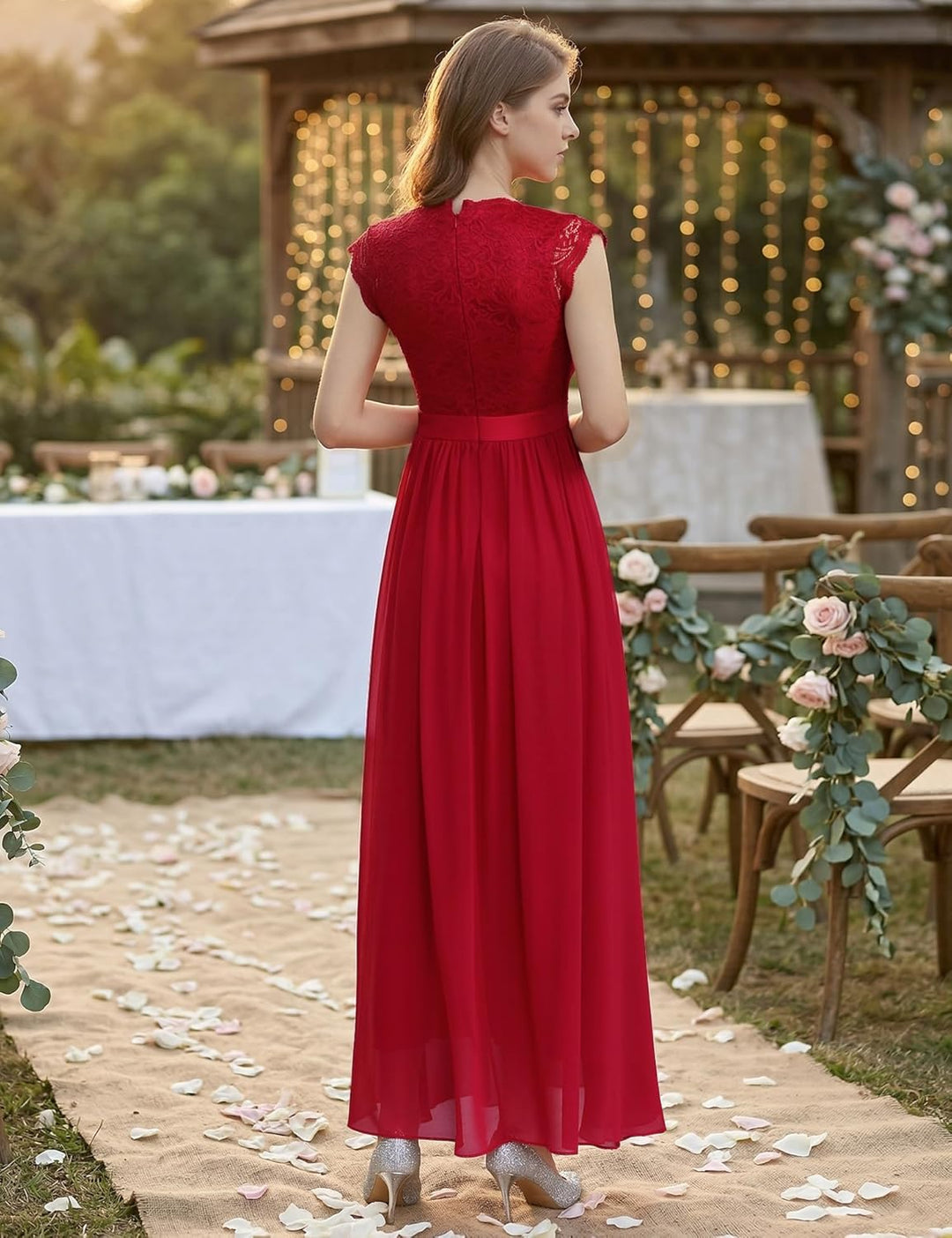 Dressystar Damen Spitzenkleid Elegant Hochzeit Abendkleider Maxi Cocktailkleid M Band_rot, M Band_ro