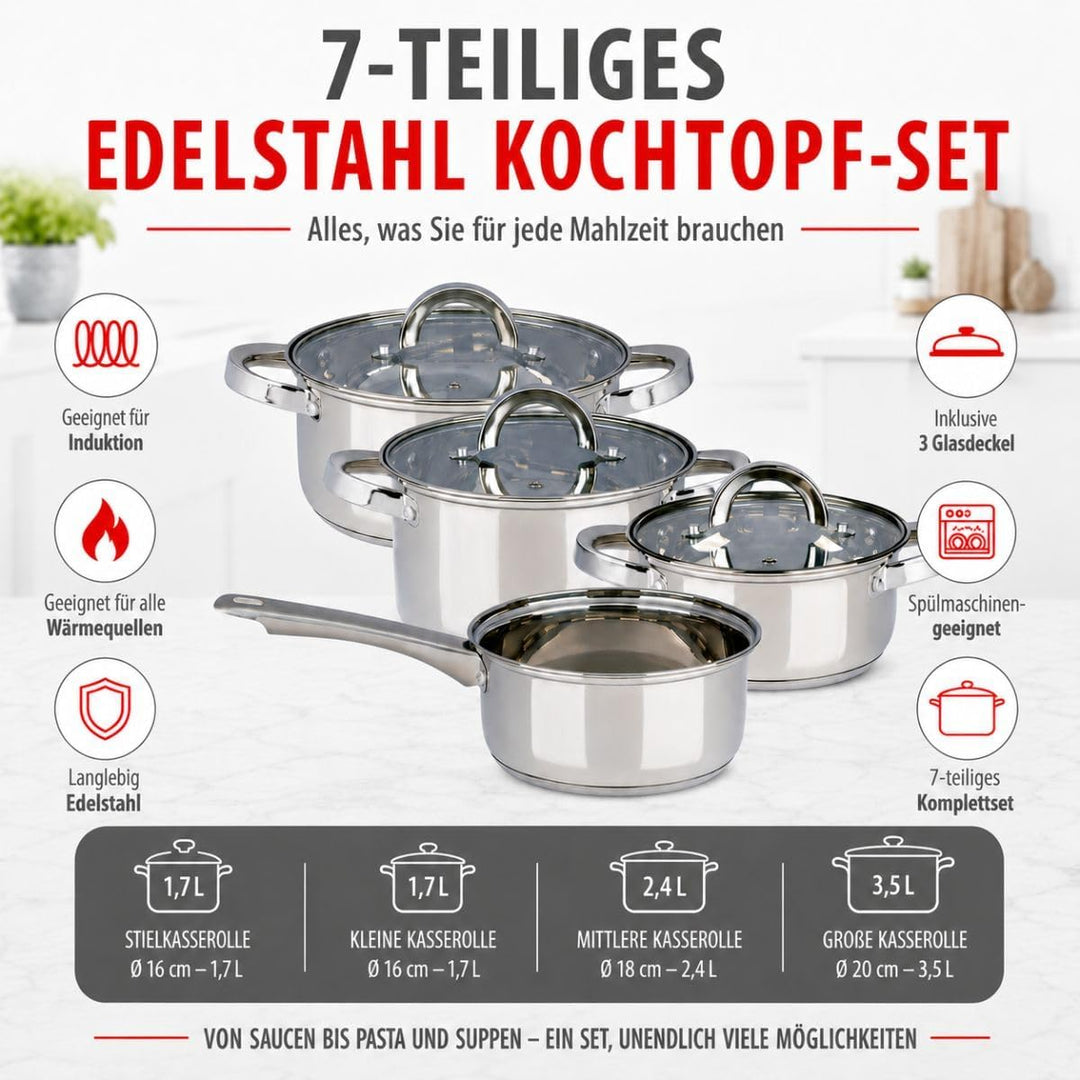 alpina Induktions Topfset 4‑teilig – Edelstahl Kochtöpfe mit Glasdeckel – Kochtopfset Geeignet für A