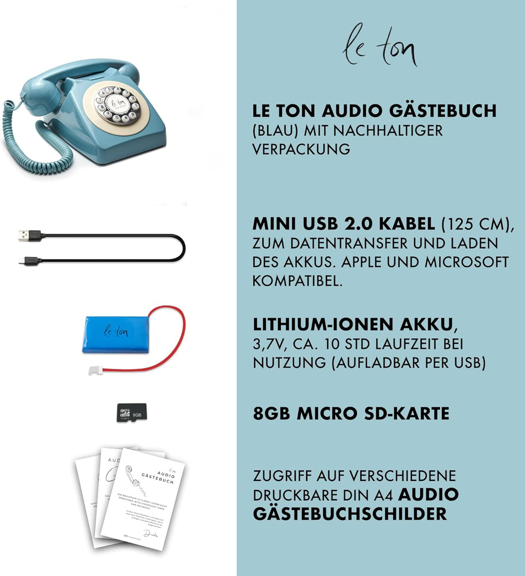 Le Ton Audio Gästebuch, Blau, Telefon für Hochzeiten und Events, Gästetelefon, Hochzeitstelefon, Bla