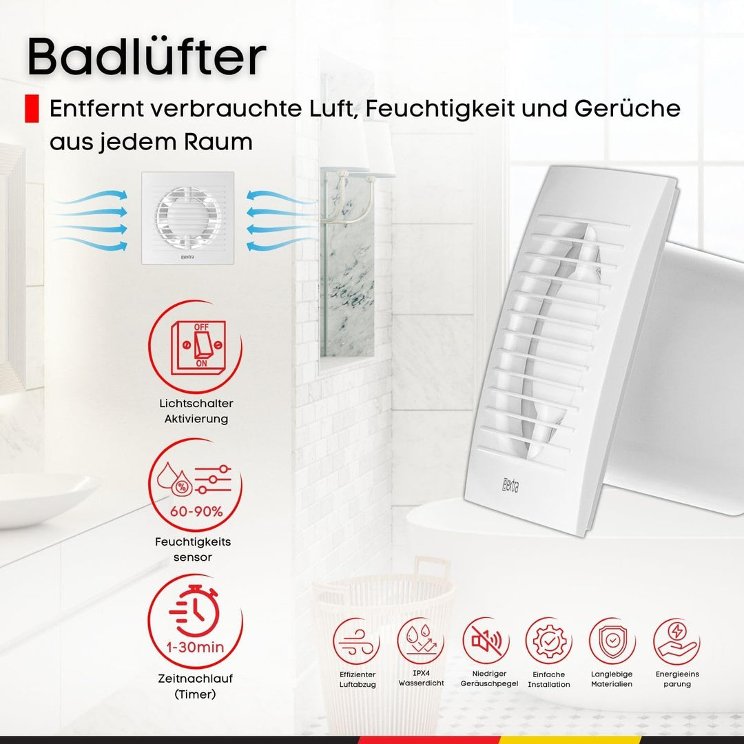 Steinberg14 Badlüfter Ø 100mm mit Feuchtigkeitssensor und Zeitnachlauf (Timer) - Weiss Ventilator Ø