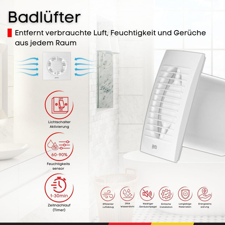Steinberg14 Badlüfter Ø 100mm mit Feuchtigkeitssensor und Zeitnachlauf (Timer) - Weiss Ventilator Ø
