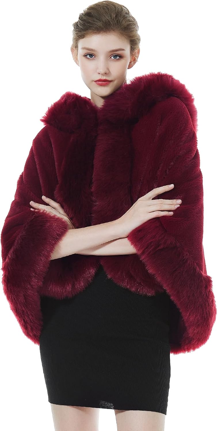 BEAUTELICATE Damen Kunstpelz Braut Umhang mit Kapuze Winter Braut Poncho Cape Kurz Warm Kunstpelz St