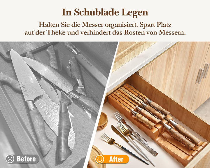 HEZHEN Messerhalter Schublade aus Kirschholz, In-Schublade Messerblock Holz Messerorganizer für die
