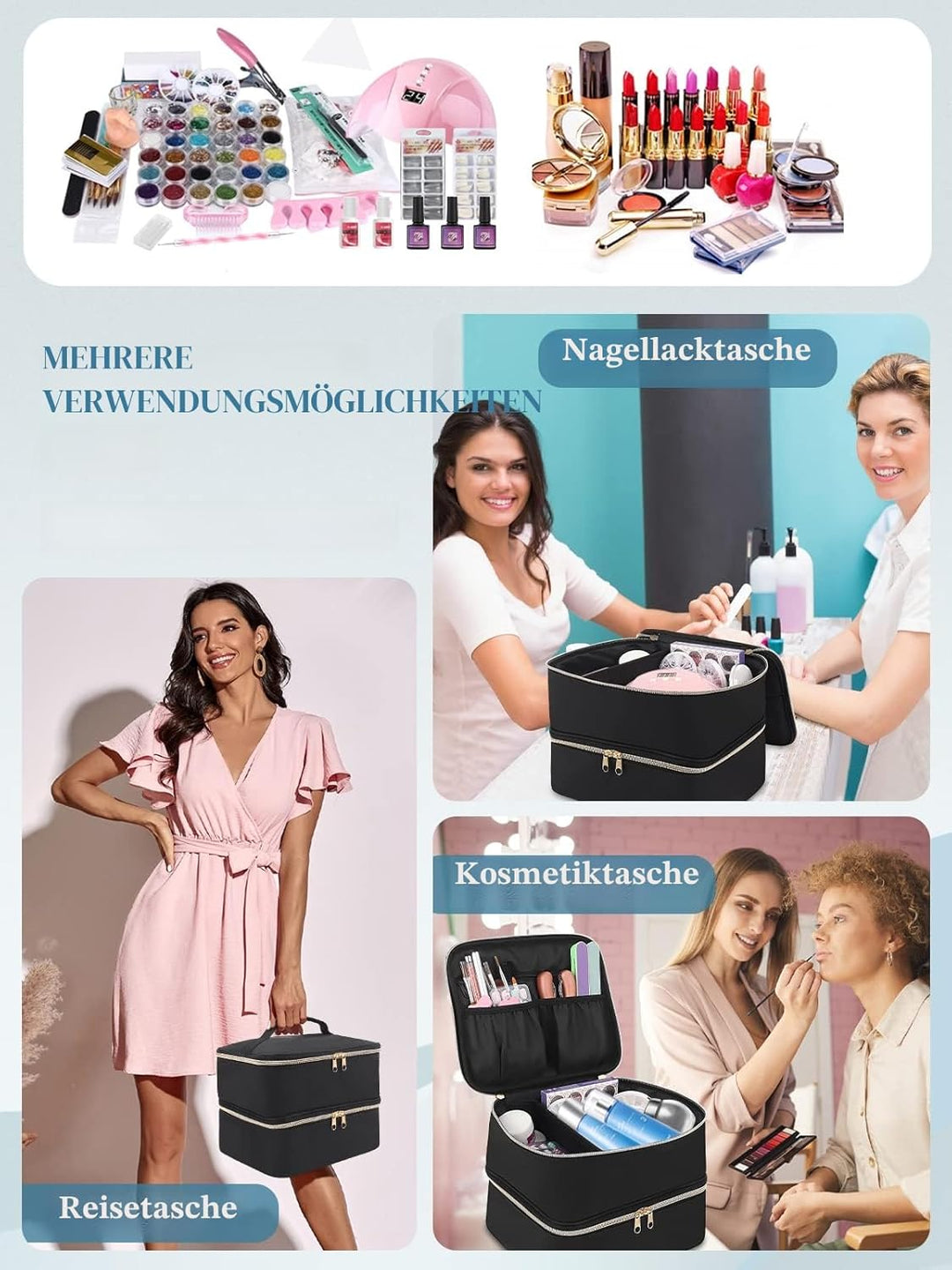 Yokilly Make-up-Tasche,Doppellagige Reisetasche,Nagellack-Organizer Für 30 Flaschen(15ml) Und Eine N