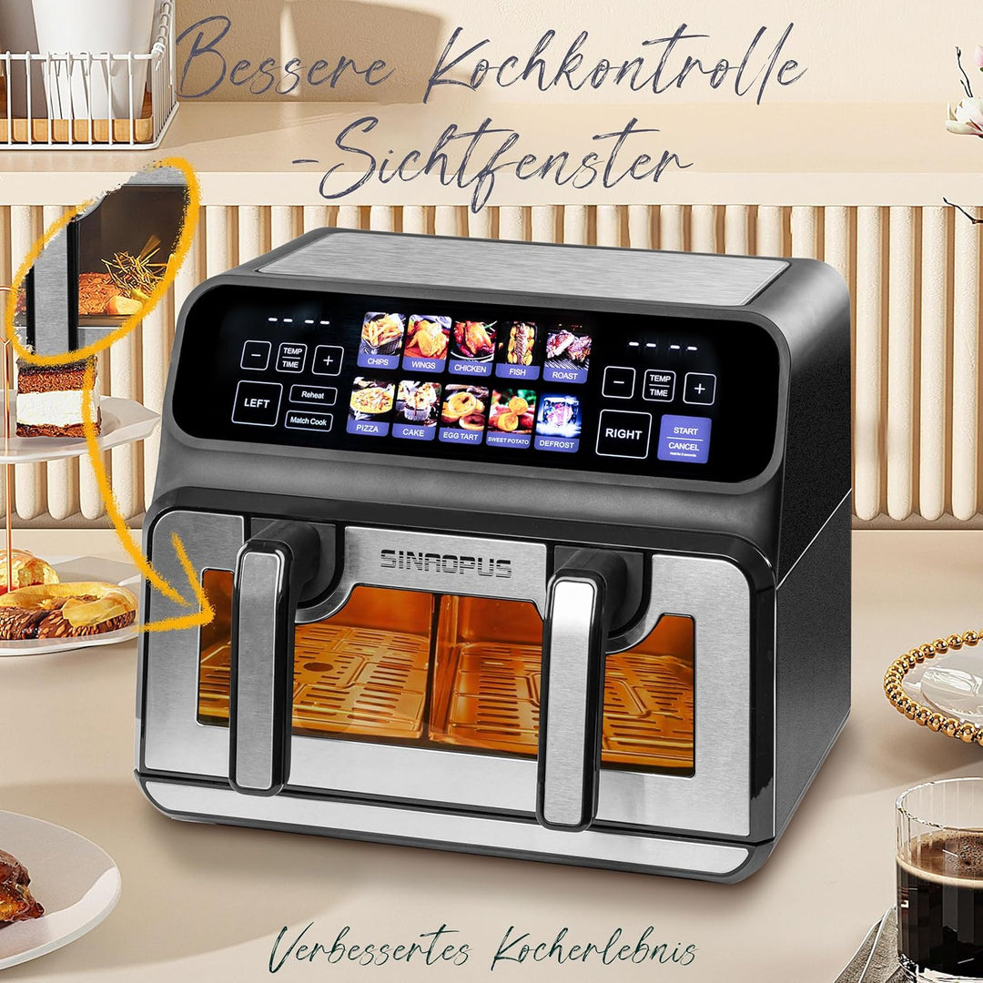 Heissluftfritteuse 9 L Doppelkammer Airfryer – 2200 W Starke Leistung, Sichtfenster, Farb-LED-Displa