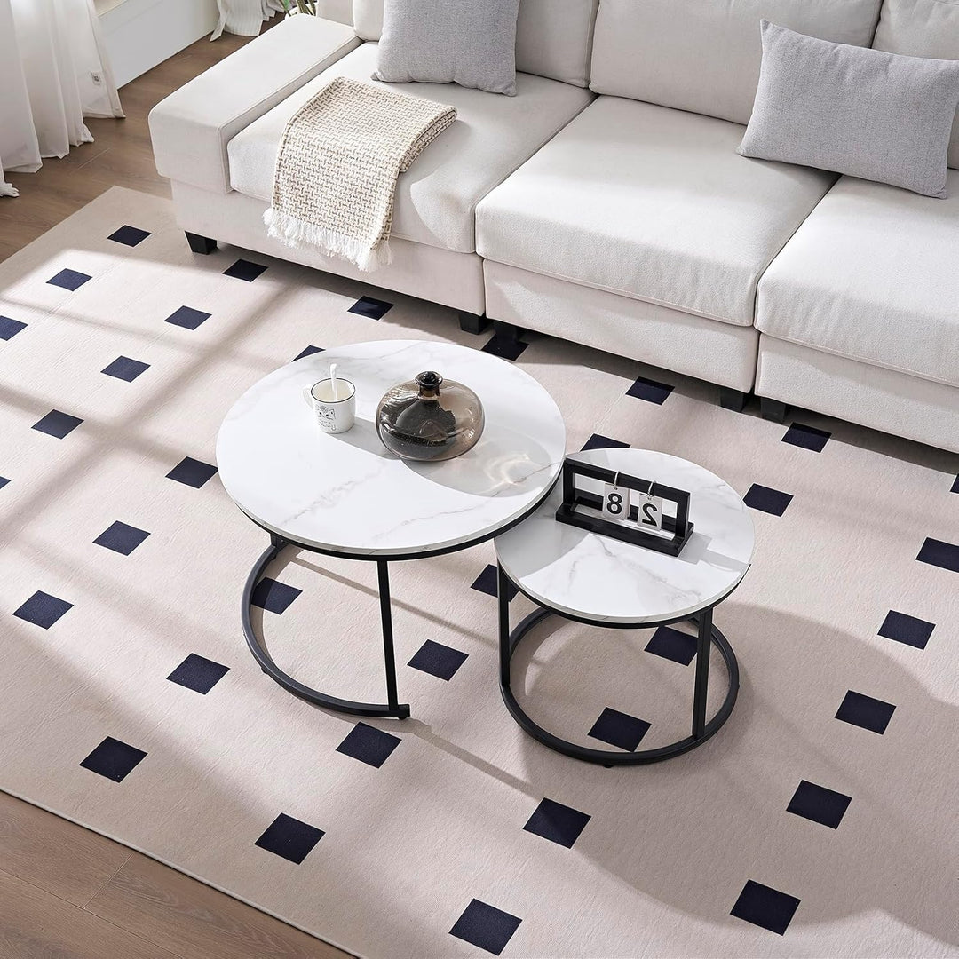 Home Heaven® Couchtisch rund Marmor 2er Set – Runder Couch Tisch in Weiss Marmor Optik mit Schwarze