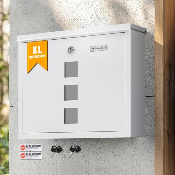 Zedelmaier XL personalisiert Briefkasten mit Edelstahl Namensschild Weiss Wandbriefkasten Postkasten