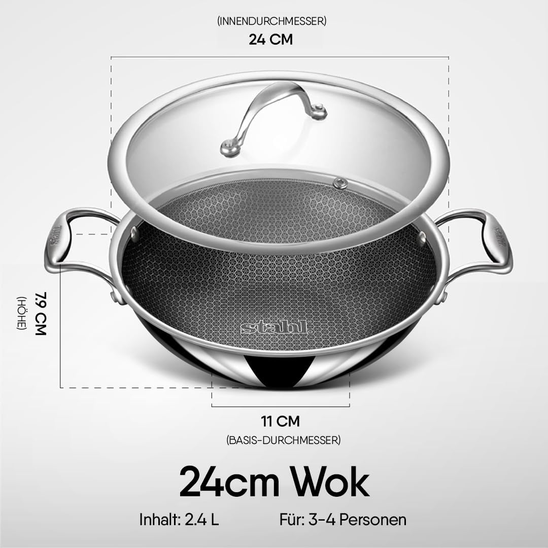 Stahl Triply Antihaft-Wok mit Deckel | Edelstahl-Wok mit Induktionsboden | Tri-Ply-Wok kratzfest | Ø