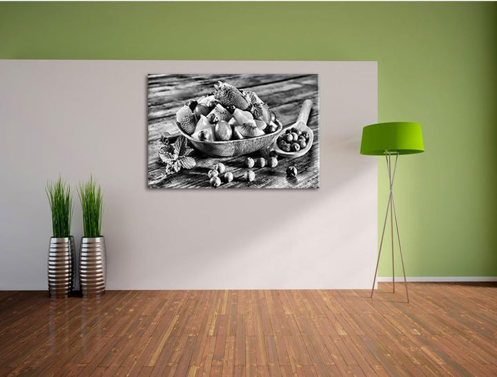 Pixxprint Monocrome, Fruits Apfel Weintraube Kirsche Obstkorb, Format: 100x70 auf Leinwand, 100x70