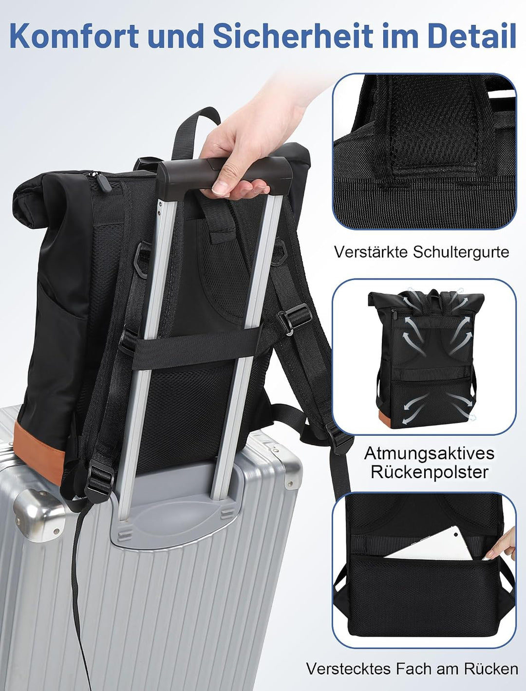 Rucksack Damen &amp; Herren, 24-30L Rolltop Rucksack Laptoprucksack mit 17 Zoll Laptopfach &amp; USB Anschlu