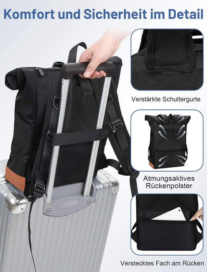 Rucksack Damen &amp; Herren, 24-30L Rolltop Rucksack Laptoprucksack mit 17 Zoll Laptopfach &amp; USB Anschlu