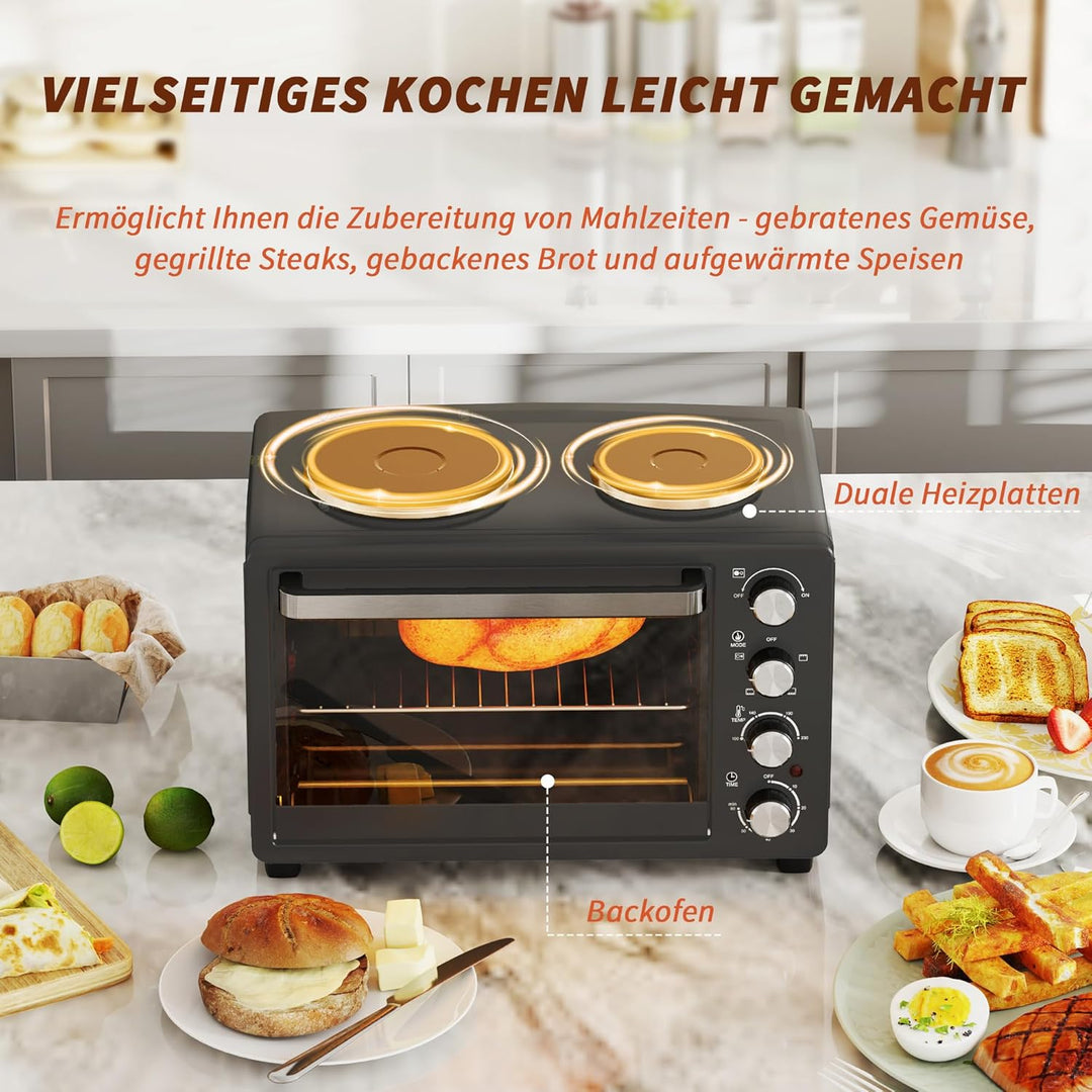 HOMCOM Minibackofen 28 L 2600W 100-230℃ Pizzaofen mit 60 Min. Timer, Grillrost 2 Kochplatten, Backbl
