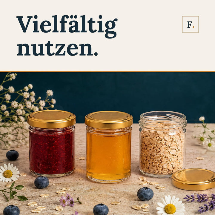 flaschenbauer.de 24er Set Sturzgläser 214 ml inkl. goldene Twist Off Deckel TO66 zum Einmachen von S