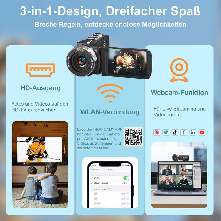 Videokamera Camcorder 8K 64MP WiFi Vlogging Camera mit IR Nachtsicht für YouTube, HD 3.0'' Touchscre