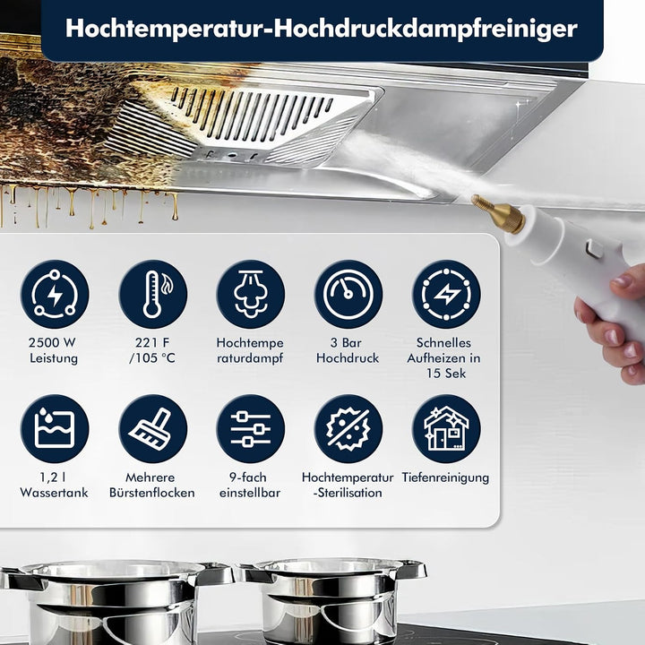 Dampfreiniger für Haushalt und Auto 2500W, 9-Stufig Einstellbarer Dampfreiniger, 1,2 l grosser Tank,