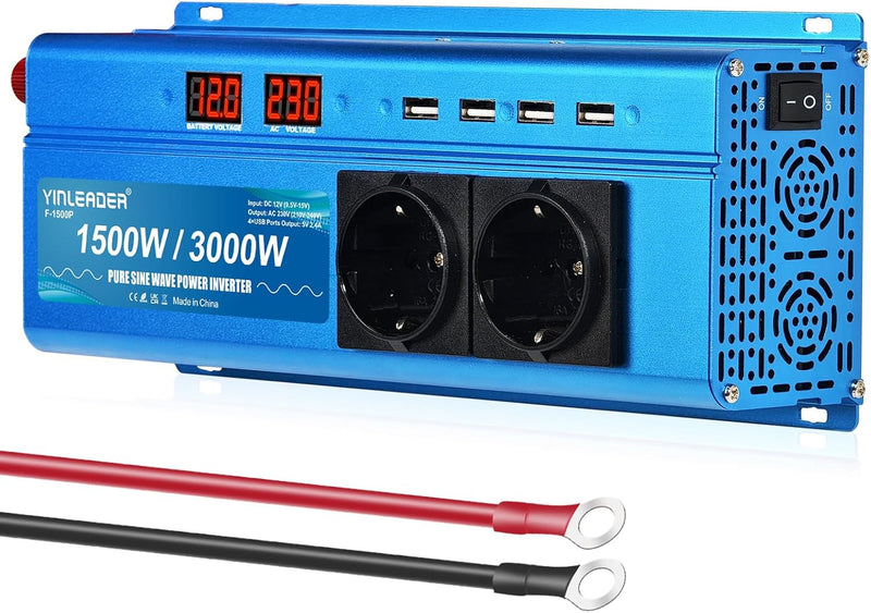 Wechselrichter 1500W /3000W 12V 230V Reiner Sinus Spannungswandler mit 2 Steckdose 4 USB Anschlüsse