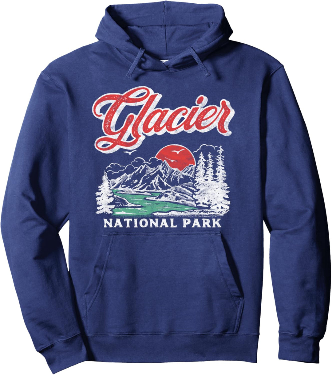Glacier National Park Retro 80's Mountains Vintage Graphic Pullover Hoodie