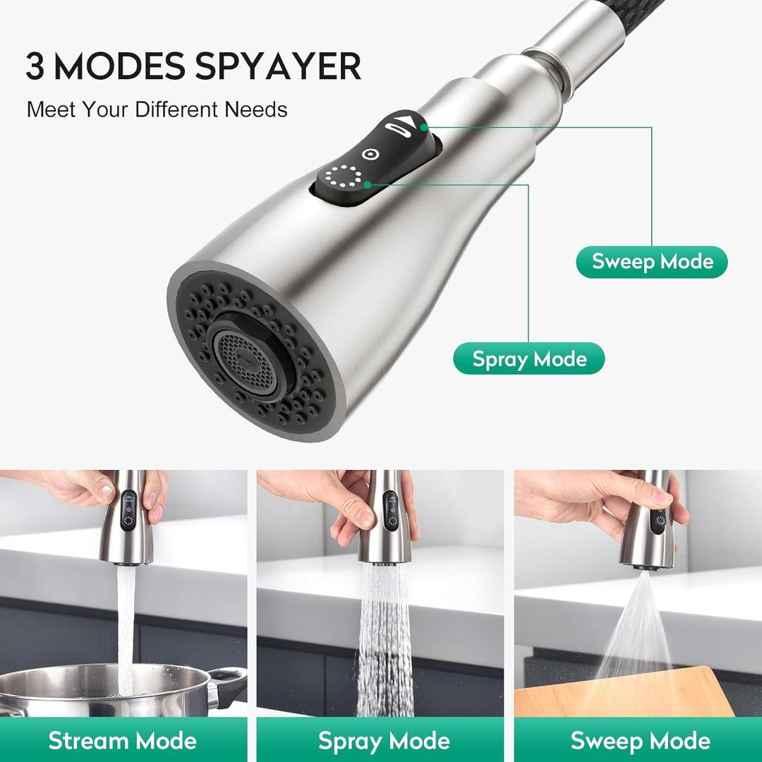 CREA Wasserhahn Küche mit 3 Funktionen Brause, Küchenarmatur mit Ausziehbarer Brause, 360° Drehbar M
